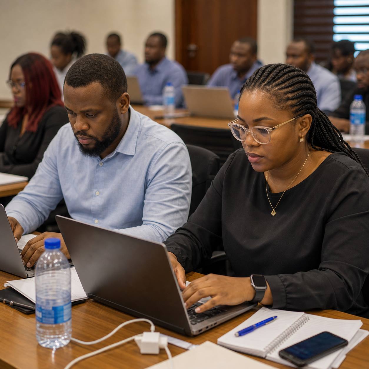 Professionals participating in a laptop-based training session
