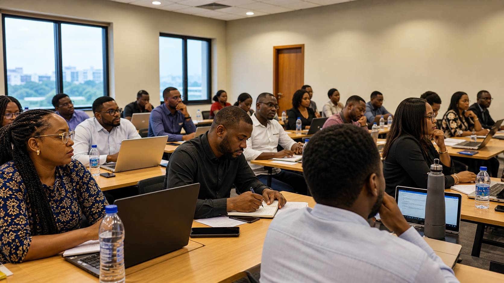 Managers in a classroom-style AI training session