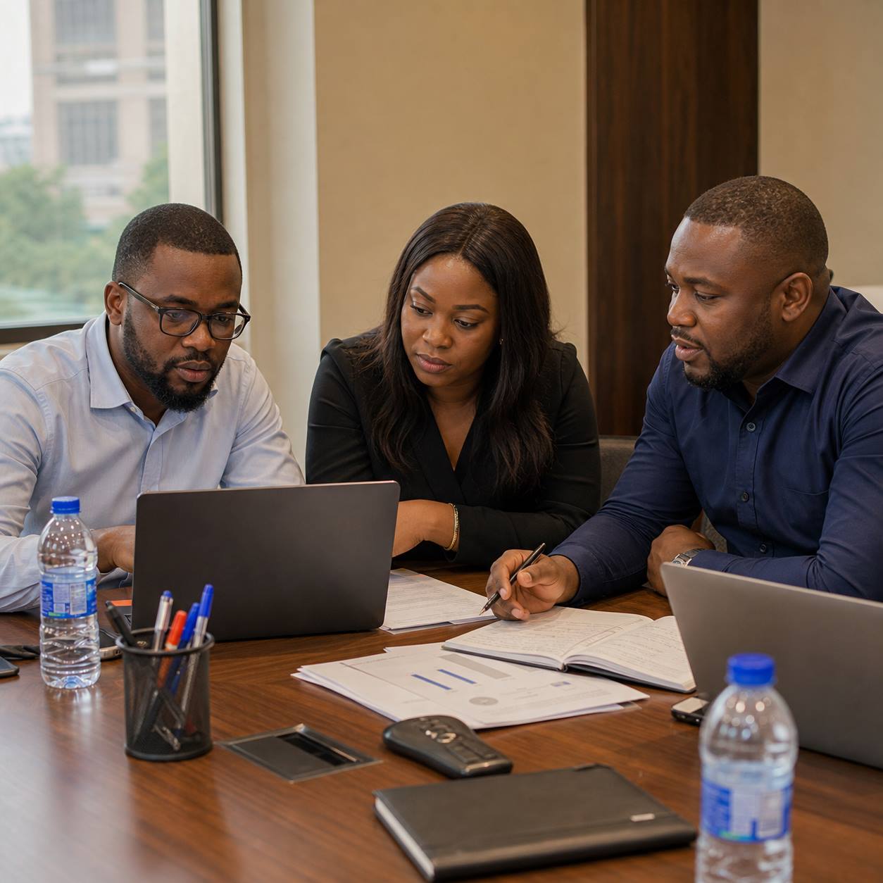 Professionals collaborating around a laptop